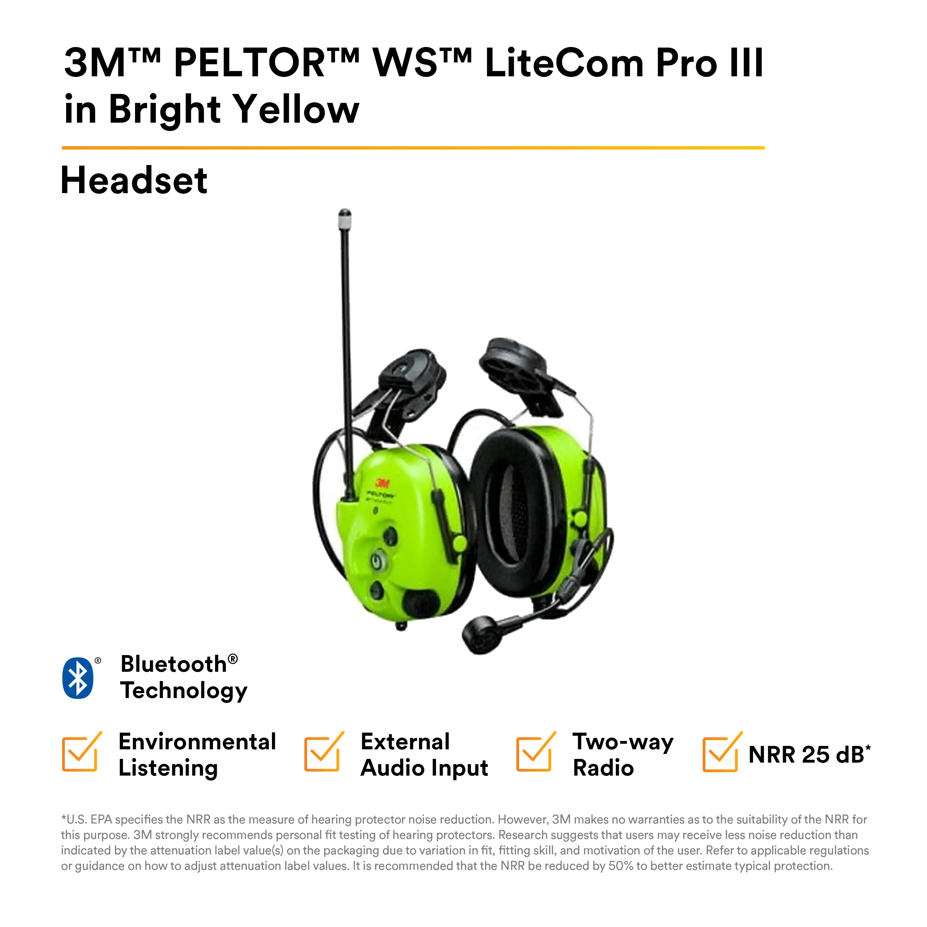 3M PELTOR WS LiteCom Pro III Headset MT73H7P3E4D10NA GB, Bright Yellow, Hard Hat Attached