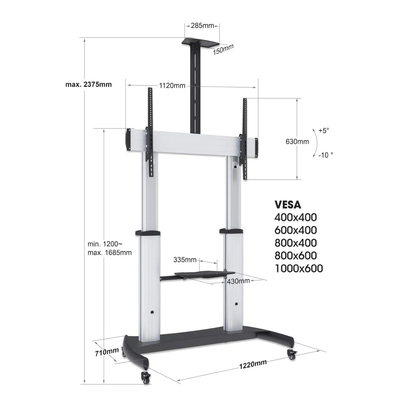 Aluminum Heavy-Duty Height-Adjustable Multimedia TV Cart