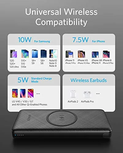 Anker Wireless Power Bank 10,000mAh, PowerCore III 10K Wireless Portable Charger with Qi-Certified 10W Wireless Charging and 18W USB-C Quick Charge for iPhone 12,Mini, Pro, iPad, AirPods, and More