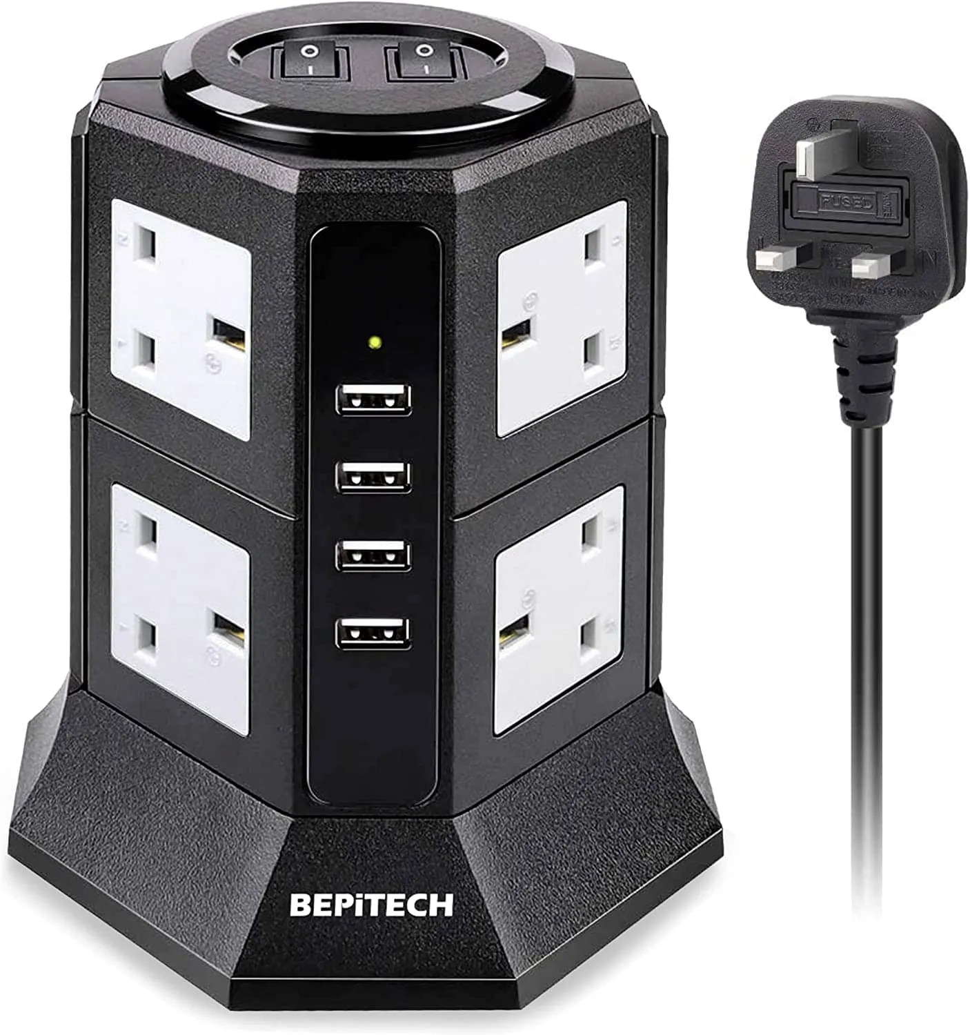 BEPiTECH Power Extension Cord, 8-Power Socket 10 Ampere with 4 USB Charger Station, Office Supplies Protected Extension Cable, Fire Retardant Multi-Plug Tower, Switched Power Strip (black)