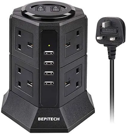 BEPiTECH Power Extension Cord, 8-Power Socket 10 Ampere with 4 USB Charger Station, Office Supplies Protected Extension Cable, Fire Retardant Multi-Plug Tower, Switched Power Strip (black)