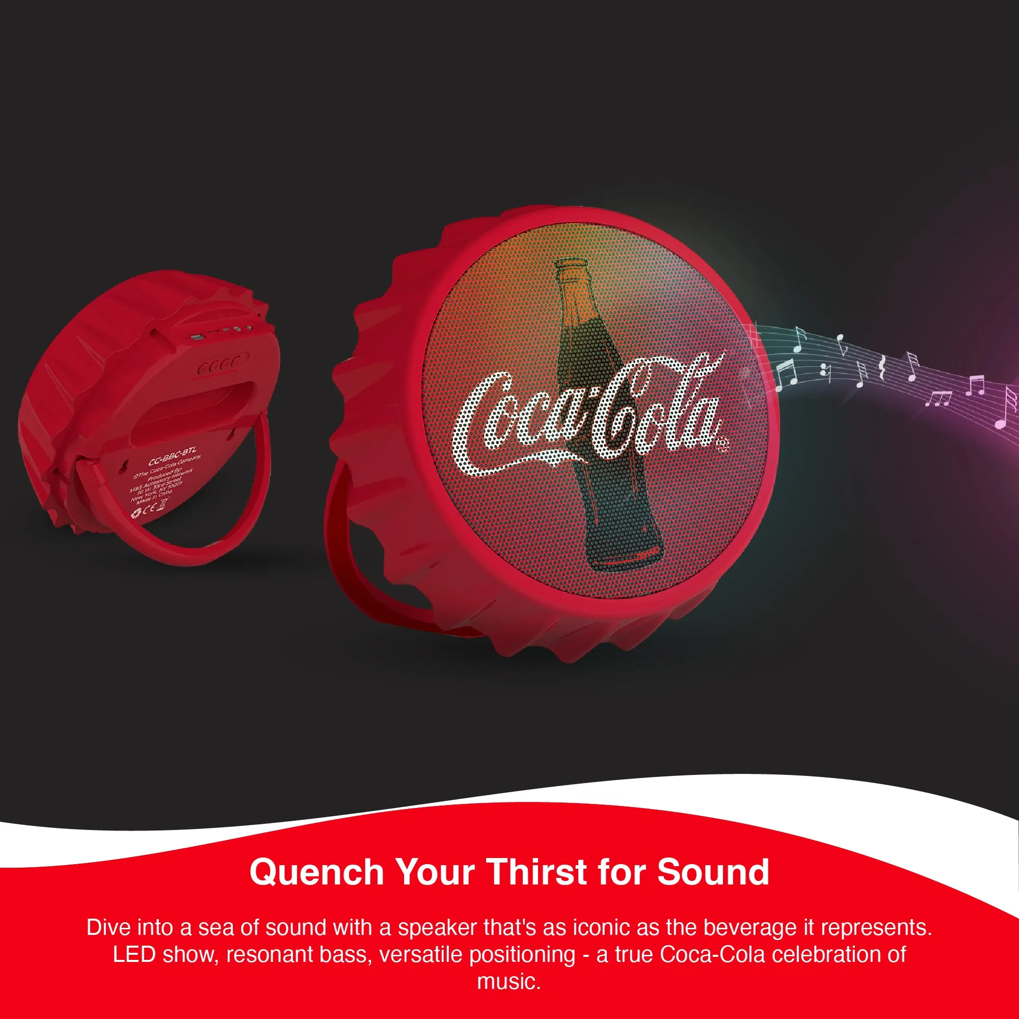 Coca-Cola Bottle Cap Shaped LED Light Bluetooth Speaker, Wall Mountable, Kick Stand, FM Radio