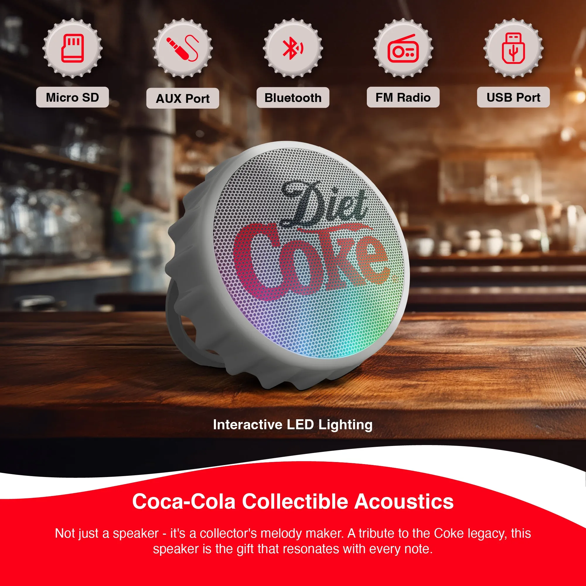 Coca-Cola Bottle Cap Shaped LED Light Bluetooth Speaker, Wall Mountable, Kick Stand, FM Radio