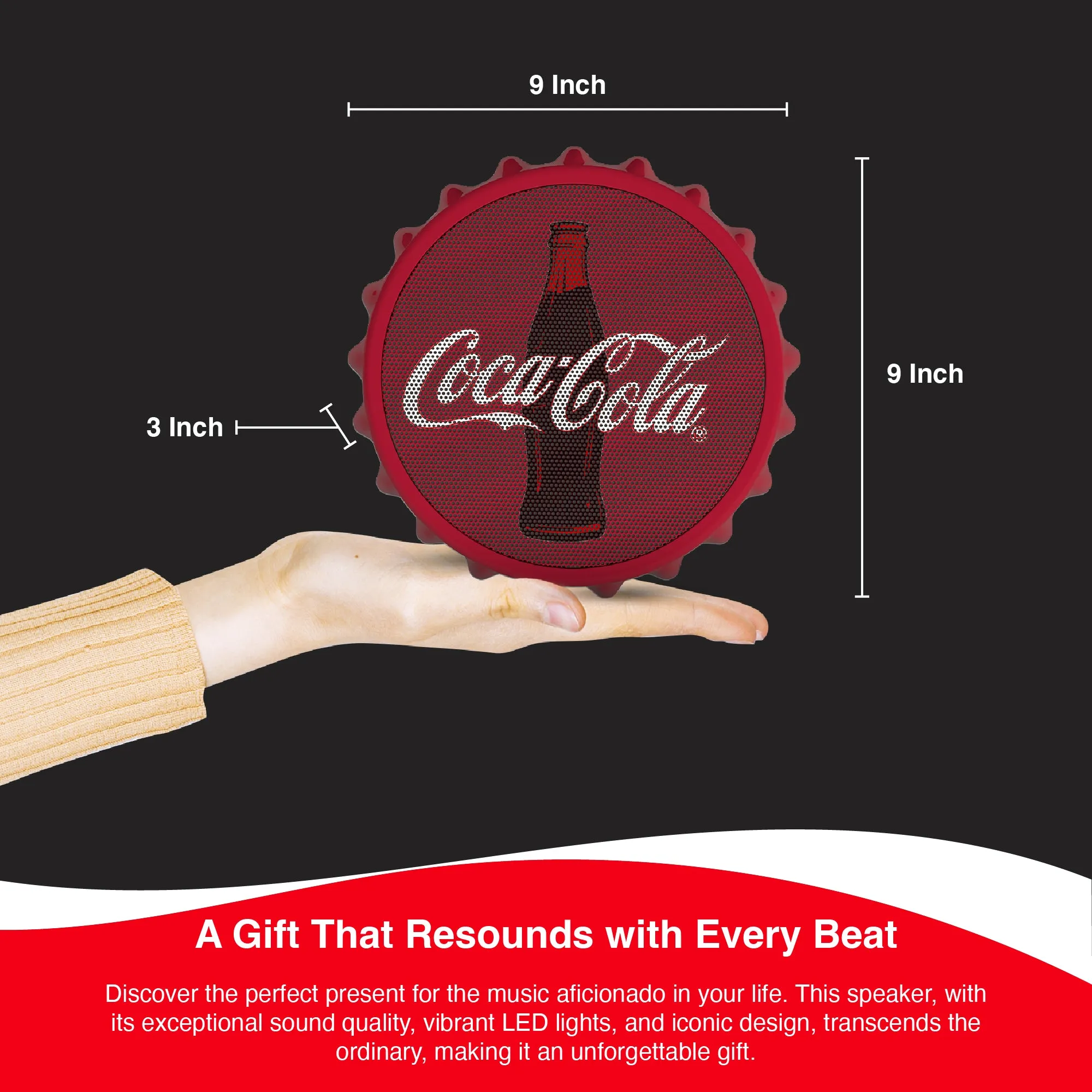 Coca-Cola Bottle Cap Shaped LED Light Bluetooth Speaker, Wall Mountable, Kick Stand, FM Radio