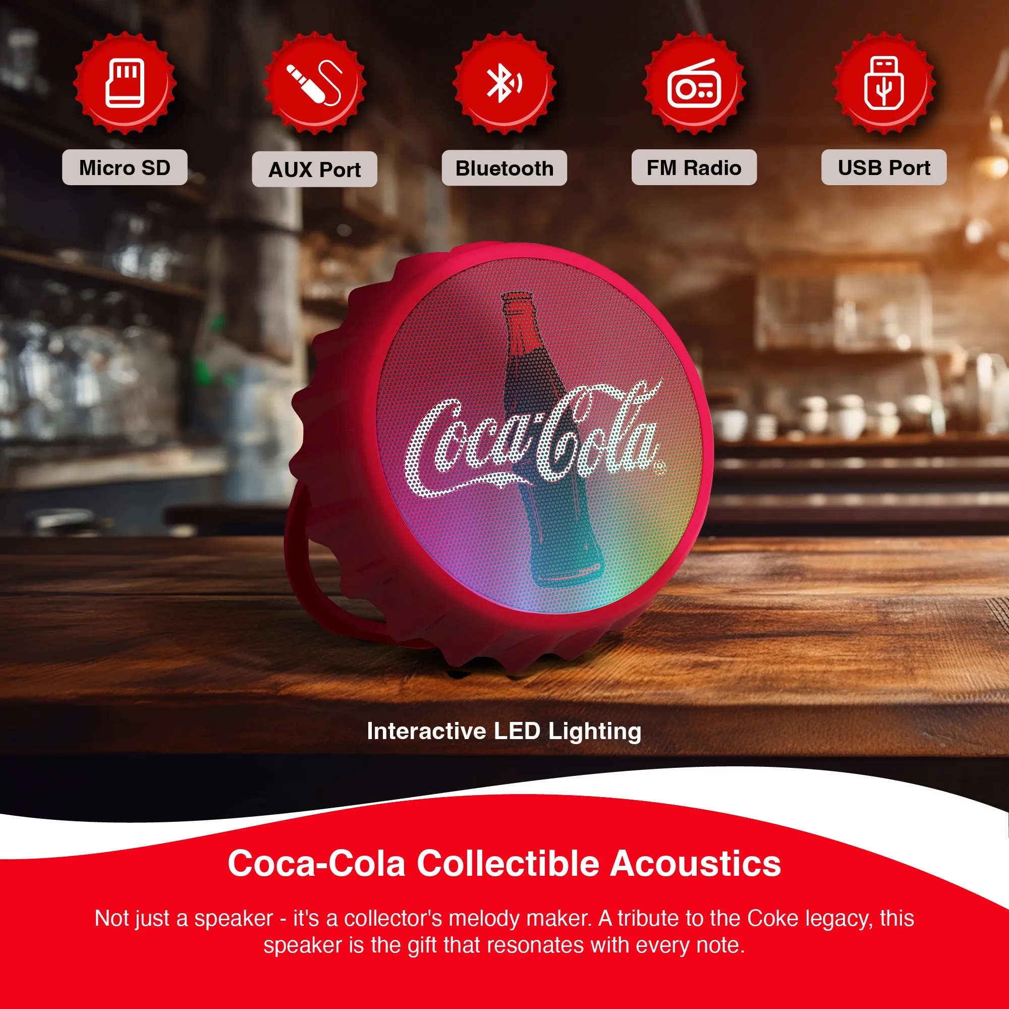 Coca-Cola Bottle Cap Shaped LED Light Bluetooth Speaker, Wall Mountable, Kick Stand, FM Radio