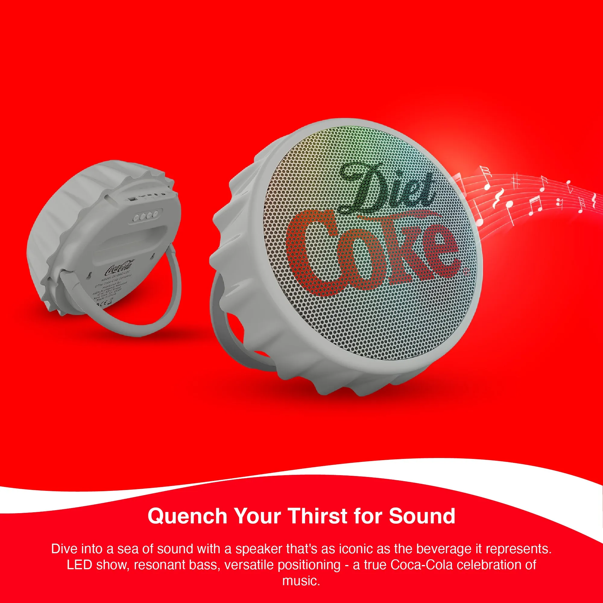 Coca-Cola Bottle Cap Shaped LED Light Bluetooth Speaker, Wall Mountable, Kick Stand, FM Radio