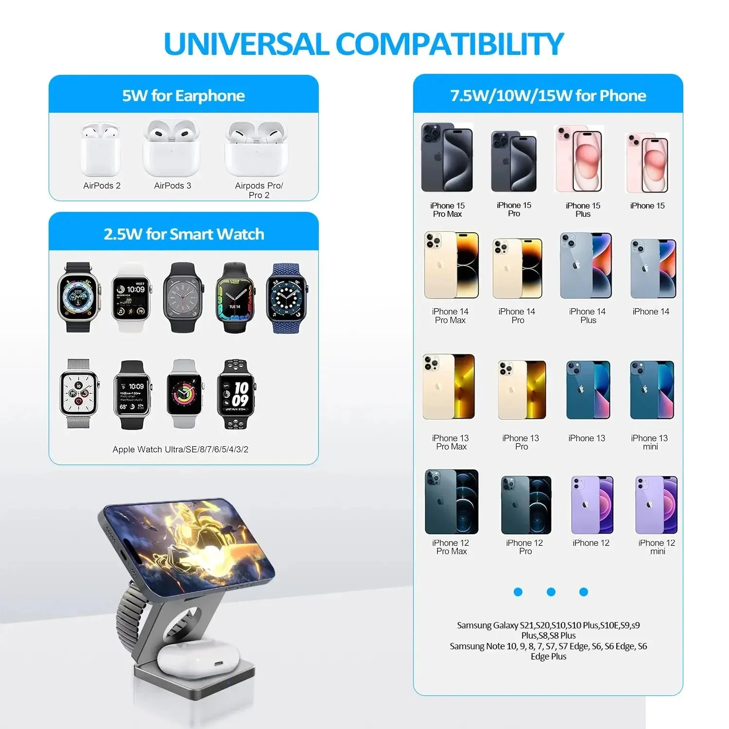 foldable phone charger 15W 3 in 1 Magnetic Wireless Charger Foldable Phone Charger Holder for Iphone 15 14 13 12 Samsung S23 S22 Airpods 3 Pro Iwatch 8