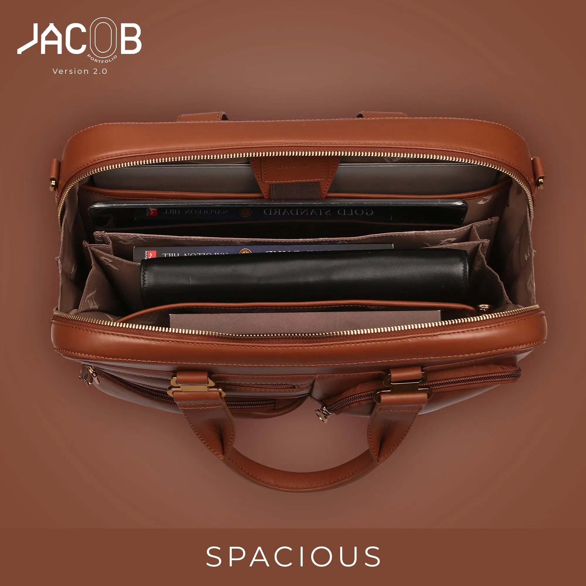 Jacob V 2.0 Luxury Laptop Bag / Briefcase For Office Use | Colour: Tan | Detachable Shoulder Strap | Trolley Strap Included