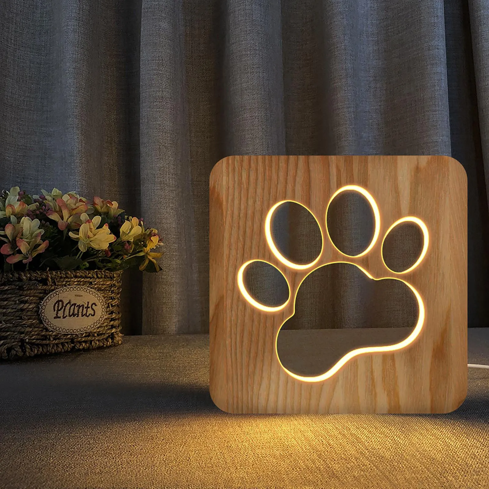 LED Wooden Night Lamps for Bedrooms Table Lamp With 3D Pet Cat Lampshade USB