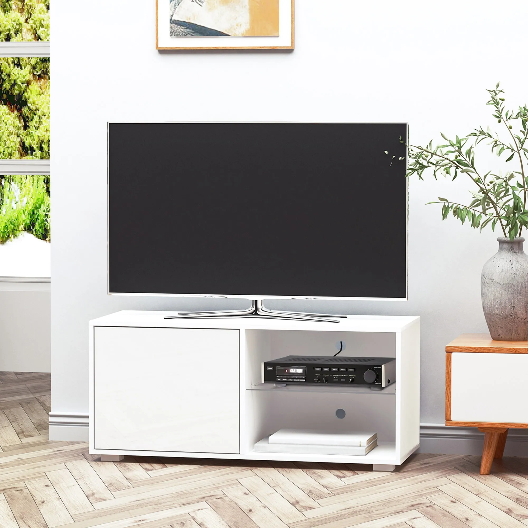 Modern TV Stand Media Unit w/ High Gloss Door Cabinet 2 Shelves Living Room Office Home Furniture White