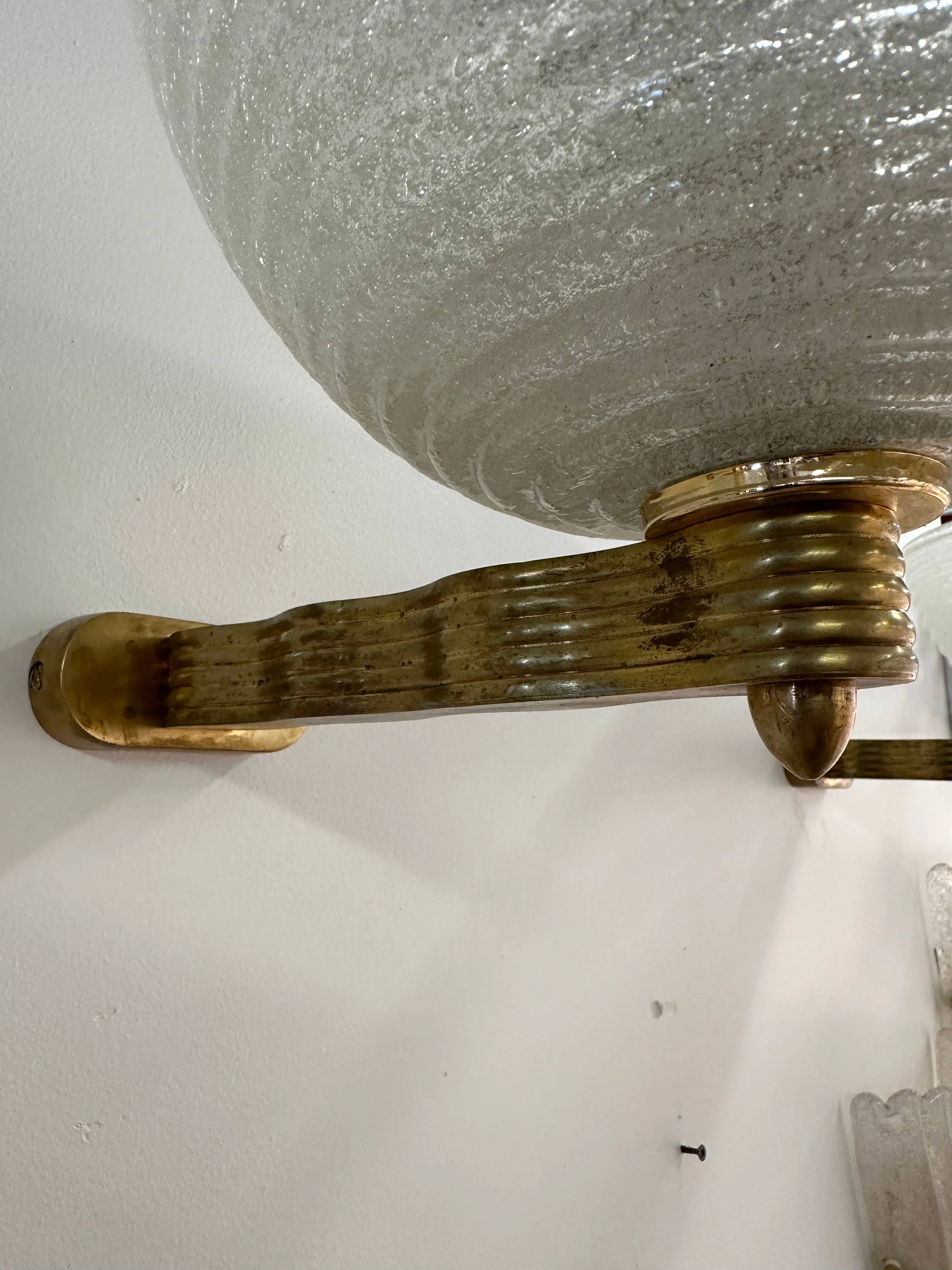 Pair of 2 Mid Century Brass And Murano Glass Wall Sconces 1960s