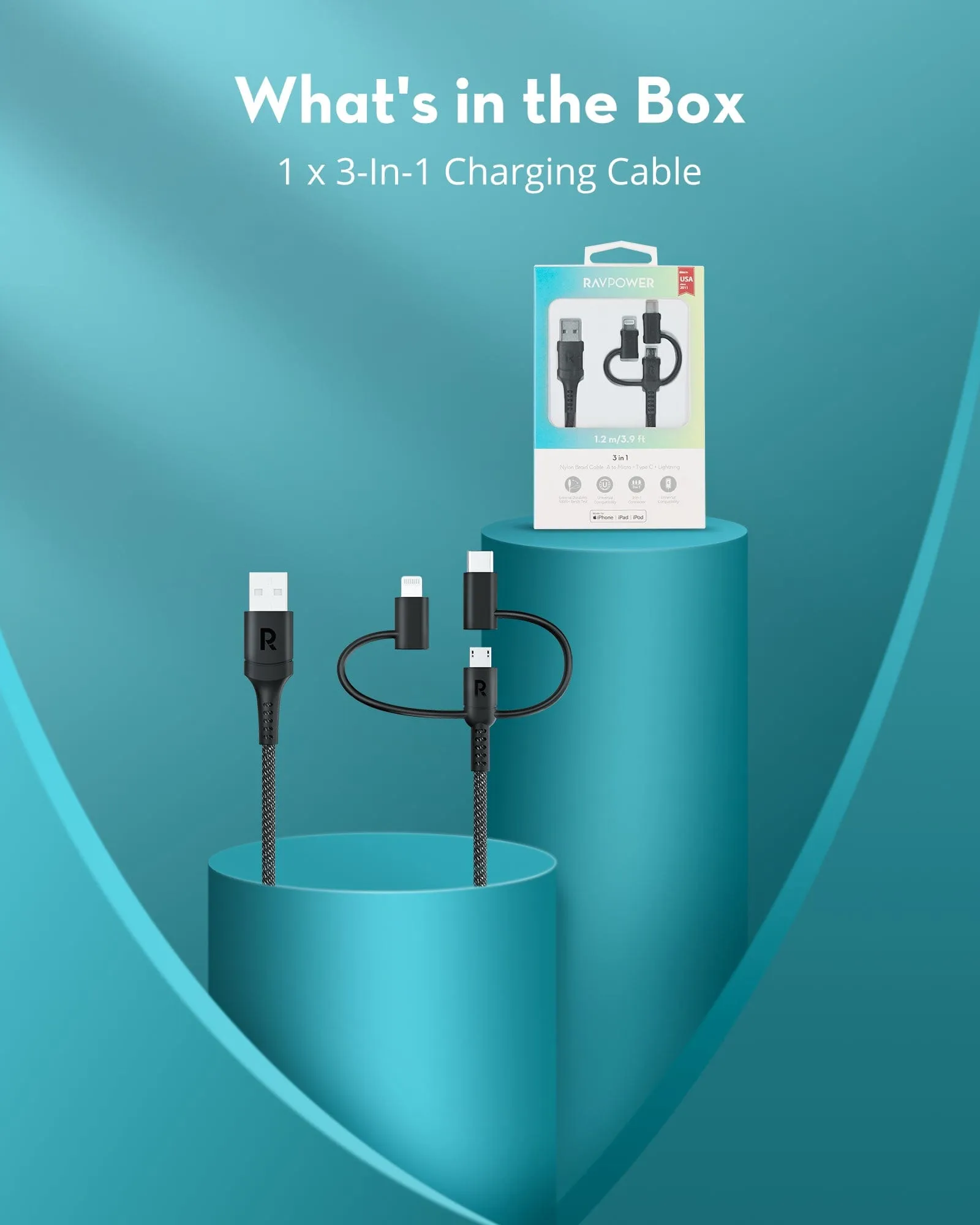 RAVPOWER 1.2M 3-in-1 Lightning/Type C/Micro USB Cable - CB1033