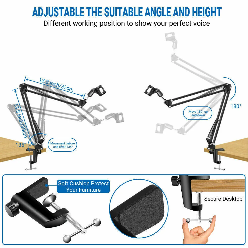 US 1-2 Pc Microphone Stand Adjustable Mic Suspension Boom Scissor Arm Desk Clamp